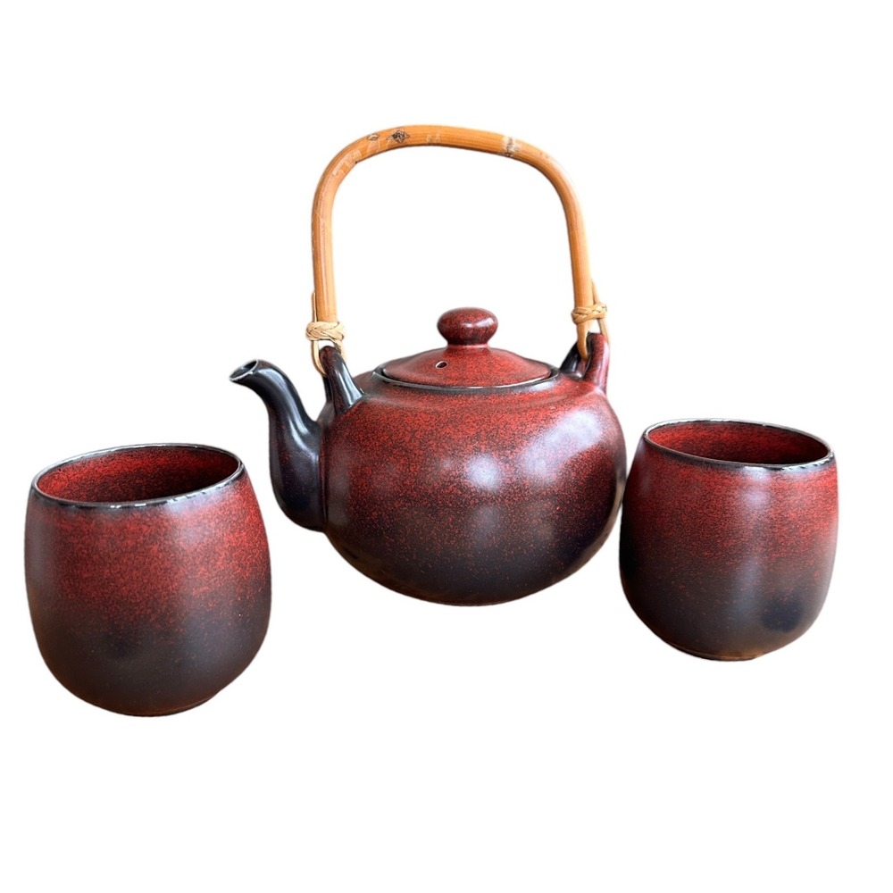 Unbranded Ceramic Tea Set Unisex OS Red Black Excellent Bamboo Handle 3pc